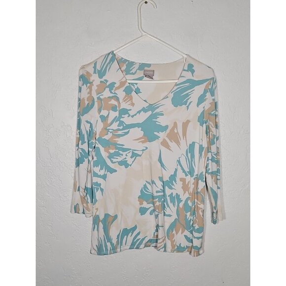 Chicos Top Womens 1 US Medium Blue Brown Floral V Neck 3/4 Sleeve Shirt - Picture 1 of 4
